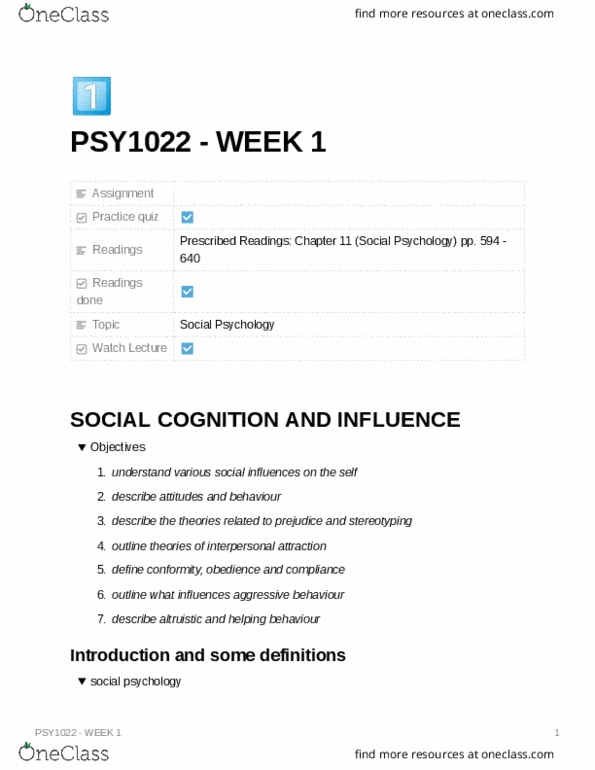 PSY1022 Lecture Notes - Lecture 1: Interpersonal Attraction, Social Cognition, Deindividuation thumbnail