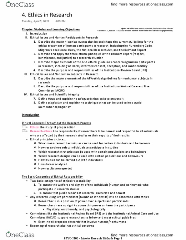 PSYC-2102 Chapter Notes -Institutional Review Board, National Research Act, Research thumbnail