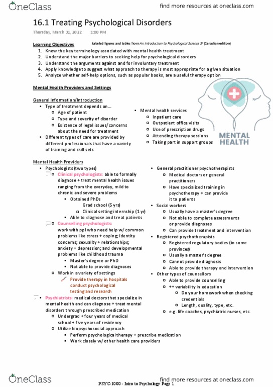 PSYC-1000 Chapter Notes -Mental Health Professional, Involuntary Treatment, Inpatient Care thumbnail