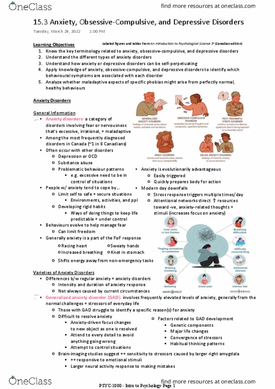 PSYC-1000 Chapter Notes -Generalized Anxiety Disorder, Anxiety Disorder, Panic Disorder thumbnail