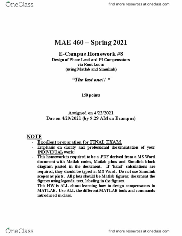 MAE 460 Chapter Notes - Chapter HomeWork8: Simulink, Block Diagram thumbnail