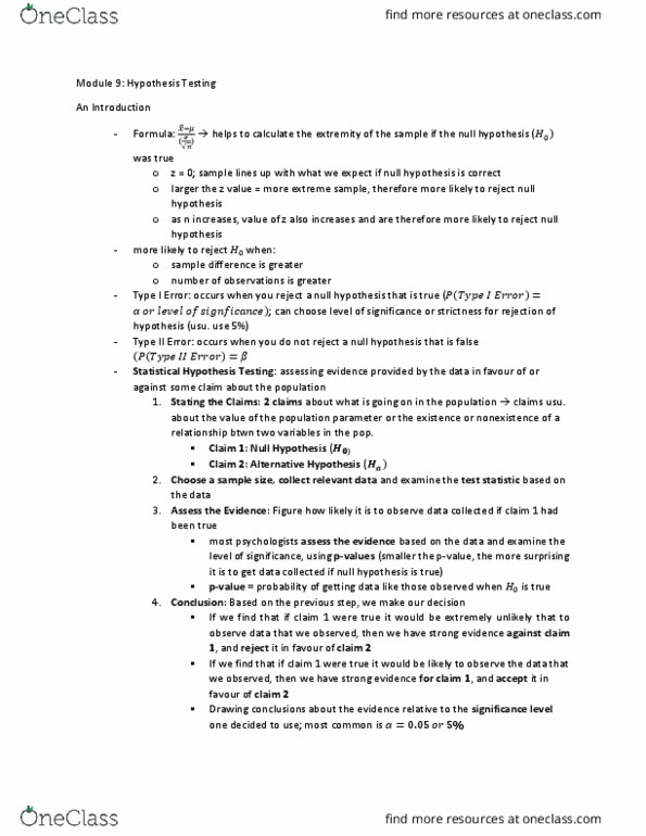 PSYCH292 Lecture Notes - Null Hypothesis, Type I And Type Ii Errors, Statistical Parameter thumbnail