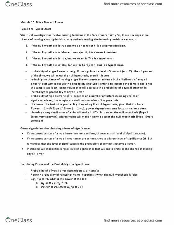 PSYCH292 Lecture Notes - Type I And Type Ii Errors, Null Hypothesis, Statistical Hypothesis Testing thumbnail