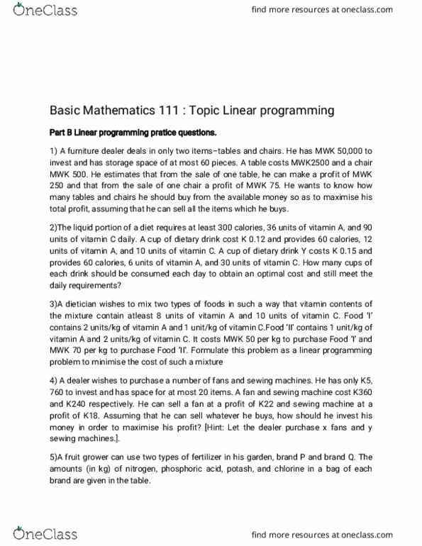 CHEM 1013 Lecture Notes - Linear Programming, Elementary Mathematics, Potash thumbnail
