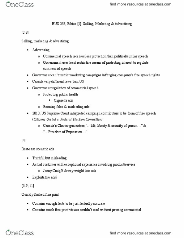 BUS 233 Lecture Notes - Federal Election Commission, Commercial Speech, Fine Print thumbnail