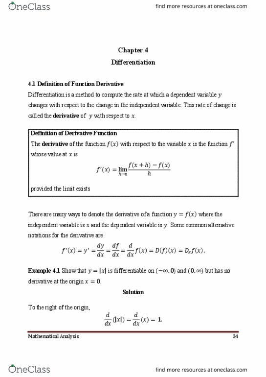 MAT 101 Lecture Notes - Differentiable Function, Dependent And Independent Variables, Product Rule thumbnail