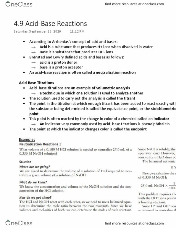 CHEM 1000 Chapter Notes - Chapter 4.9: Titration, Phenolphthalein, Equivalence Point thumbnail