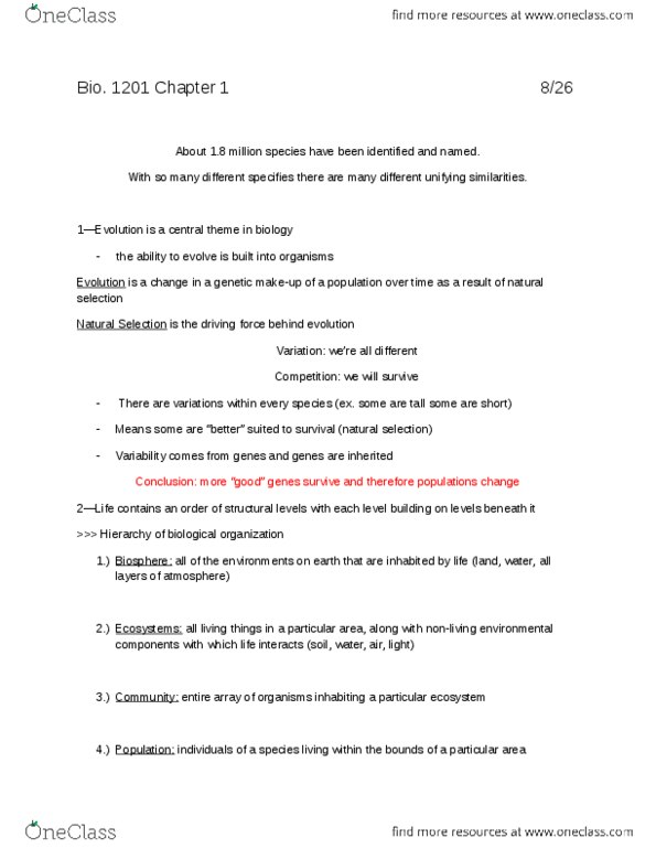 BIOL 1201 Chapter Notes - Chapter 1: Multicellular Organism, Chordate, Homeostasis thumbnail