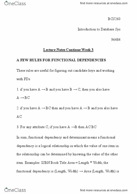 BCS 260 Lecture Notes - Functional Dependency, Candidate Key, International Standard Book Number thumbnail