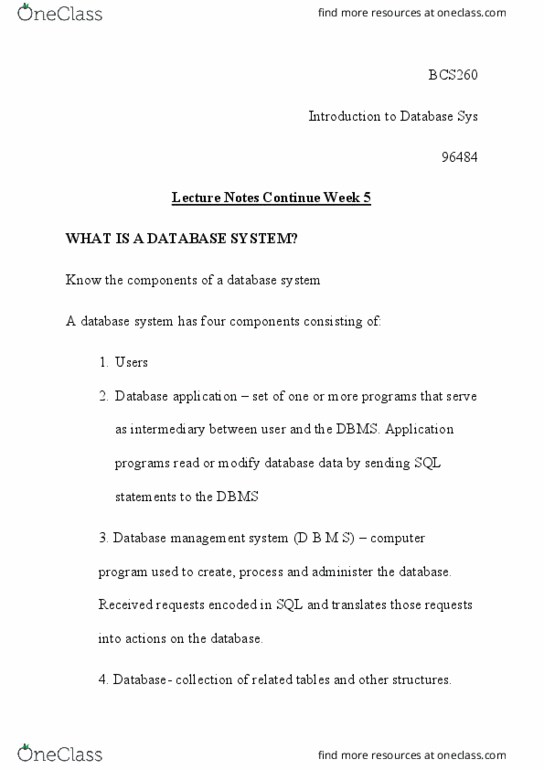 BCS 260 Lecture Notes - Lecture 5: Database Application, Relational Database, Compound Key thumbnail