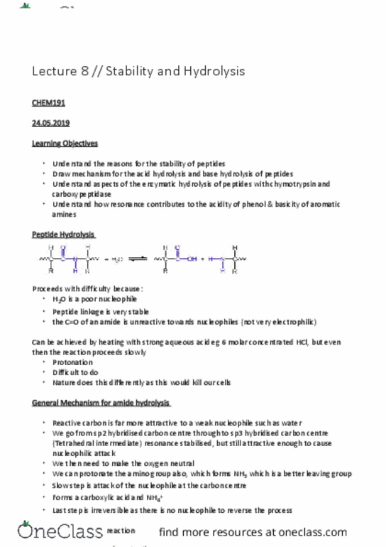 CELS191 Lecture Notes - Lecture 36: Nucleophile, Carboxypeptidase, Chymotrypsin thumbnail