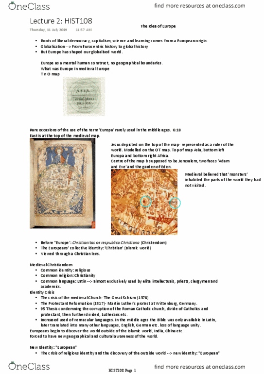 HIST108 Lecture Notes - Lecture 1: Pope Pius Ii, Liberal Democracy, Eurocentrism thumbnail