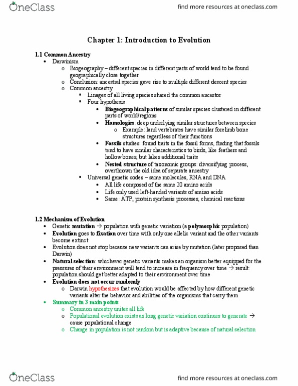 BIOLOGY 152 Lecture Notes - Common Descent, Biogeography, Natural Selection thumbnail