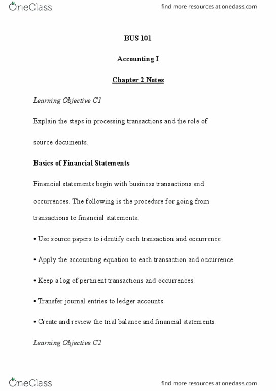 BUS 101 Lecture Notes - Financial Statement, Trial Balance, Accounting Equation thumbnail