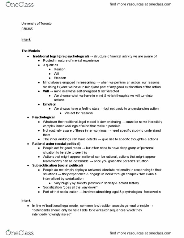 CRI365H1 Lecture Notes - Lecture 2: Psychological Determinism, Criminal Negligence, Mental Disorder thumbnail