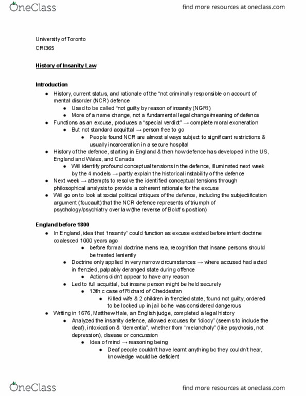 CRI365H1 Lecture Notes - Lecture 3: Insanity Defense, Verdict, Mens Rea thumbnail