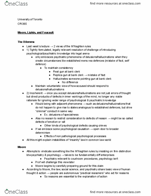 CRI365H1 Lecture Notes - Insanity Defense, The Dilemma, Mens Rea thumbnail