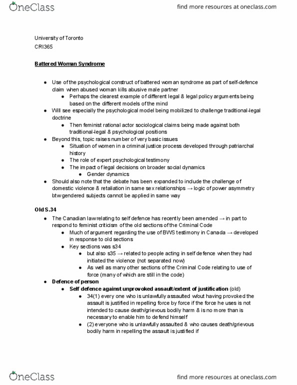 CRI365H1 Lecture Notes - Lecture 5: Self-Defense, Rational Agent, Learned Helplessness thumbnail