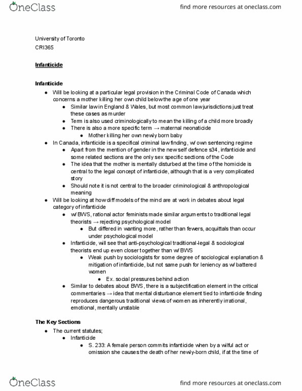 CRI365H1 Lecture Notes - Lecture 7: Neonaticide, Child Murder, Rational Agent thumbnail