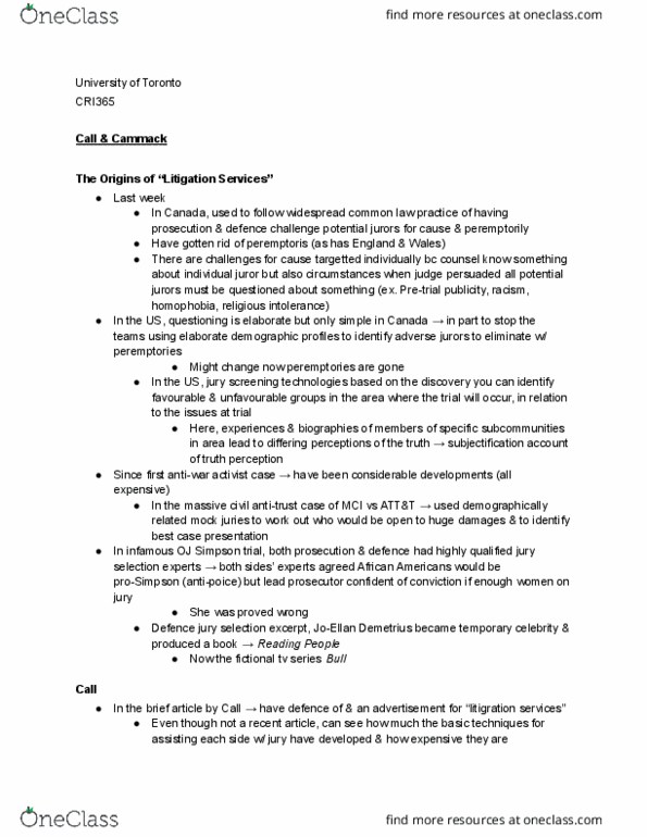 CRI365H1 Lecture Notes - Lecture 12: O. J. Simpson Murder Case, British National Vegetation Classification, Eyewitness Testimony thumbnail