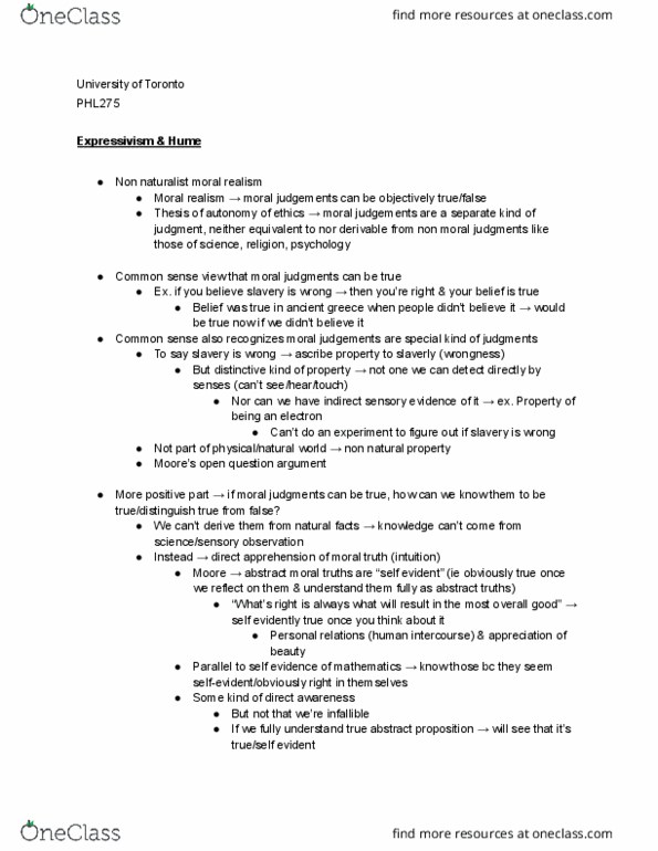 PHL275H1 Lecture Notes - Lecture 5: Open-Question Argument, Expressivism, Moral Realism thumbnail