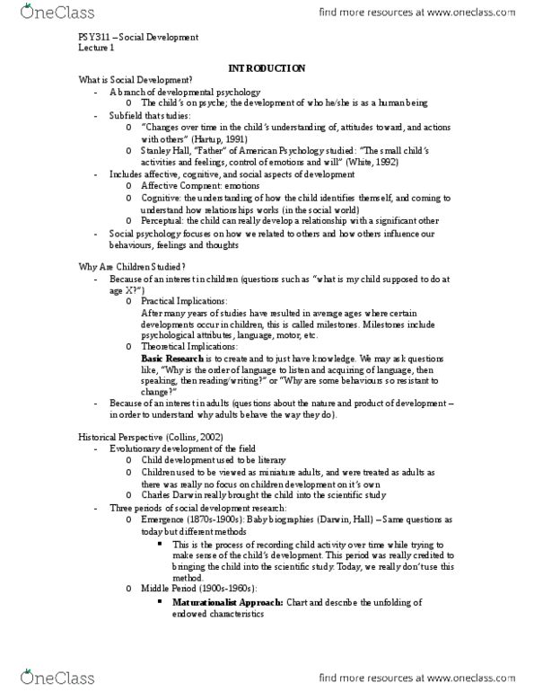 PSY311H5 Lecture Notes - Repeated Measures Design, Longitudinal Study, Ethology thumbnail