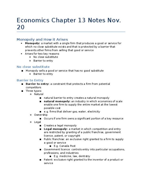 Economics 1021A/B Chapter Notes - Chapter 13: Economic Rent, Marginal Revenue, Legal Monopoly thumbnail
