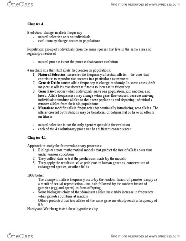 BIOL 1001 Chapter Notes - Chapter 4: Zygosity, Peptide, Panmixia thumbnail