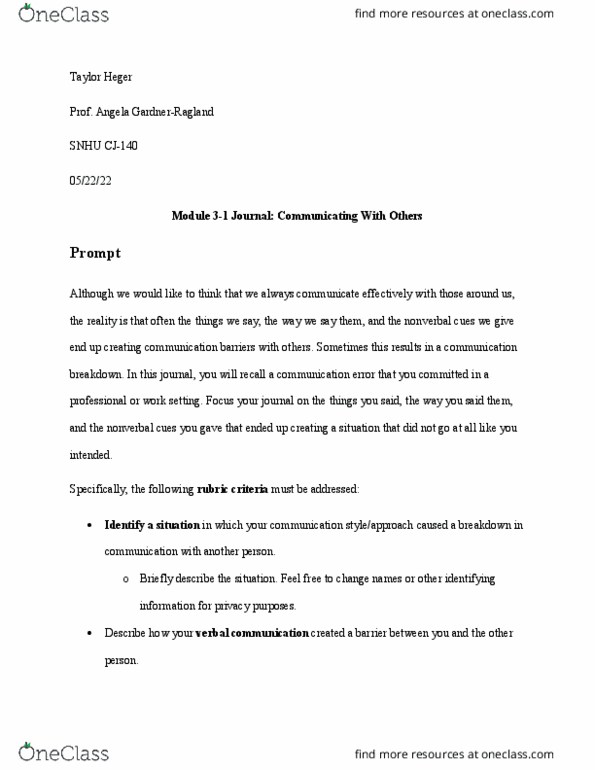 CJ140 Lecture Notes - Nonverbal Communication thumbnail