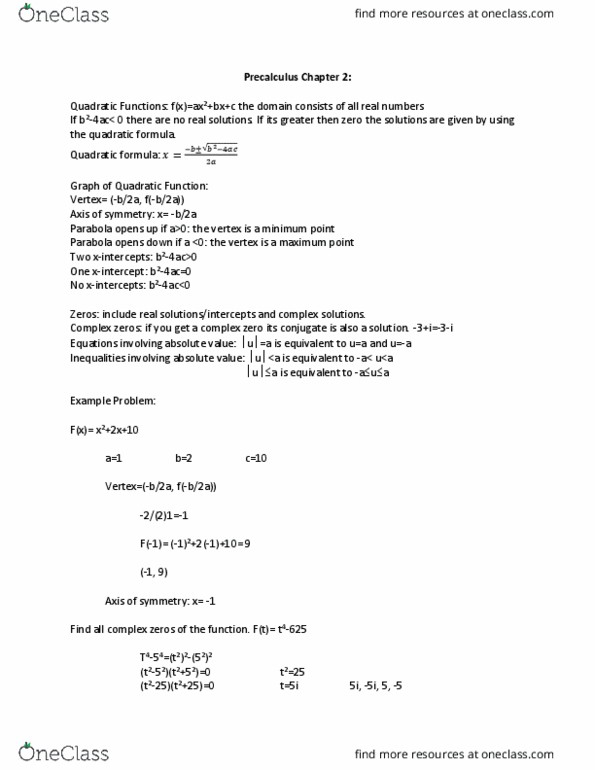 MAC 1140C Lecture Notes - Quadratic Formula, Precalculus thumbnail