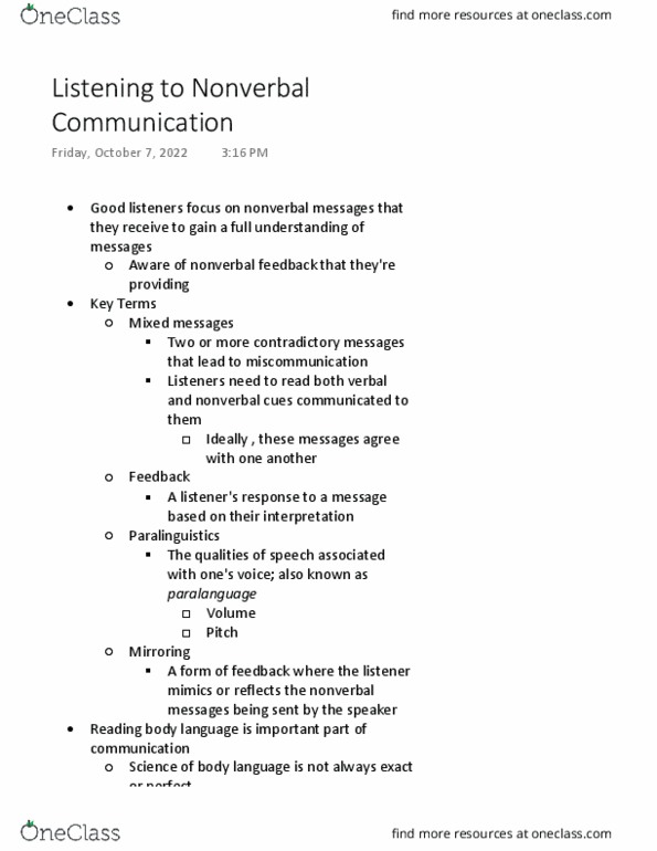 UNIV 109 Lecture Notes - Paralanguage, Body Language, Nonverbal Communication thumbnail