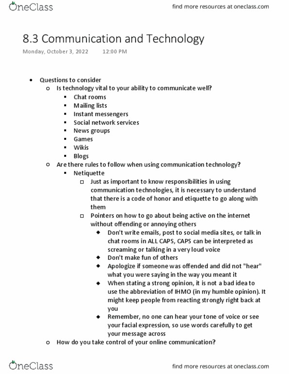 UNIV 109 Lecture Notes - Etiquette In Technology, Social Network thumbnail