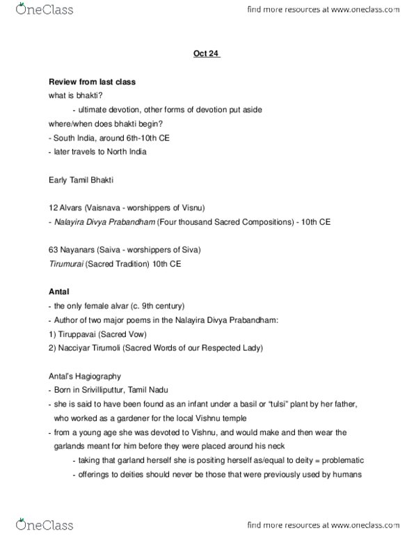 RELG 356 Lecture Notes - Lecture 10: Naalayira Divya Prabhandham, Srirangam, Alvars thumbnail