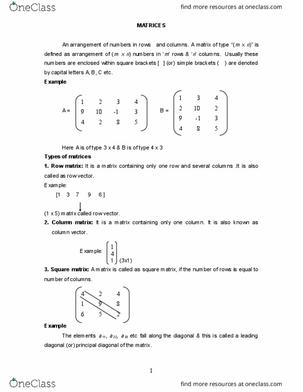 MATHEMATICS Lecture Notes Fall 2022, Lecture 1 Diagonal Matrix