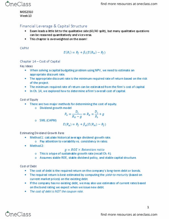 Management and Organizational Studies 2310A/B Lecture Notes - Lecture 10: Dividend Policy, Capital Asset Pricing Model, Capital Structure thumbnail