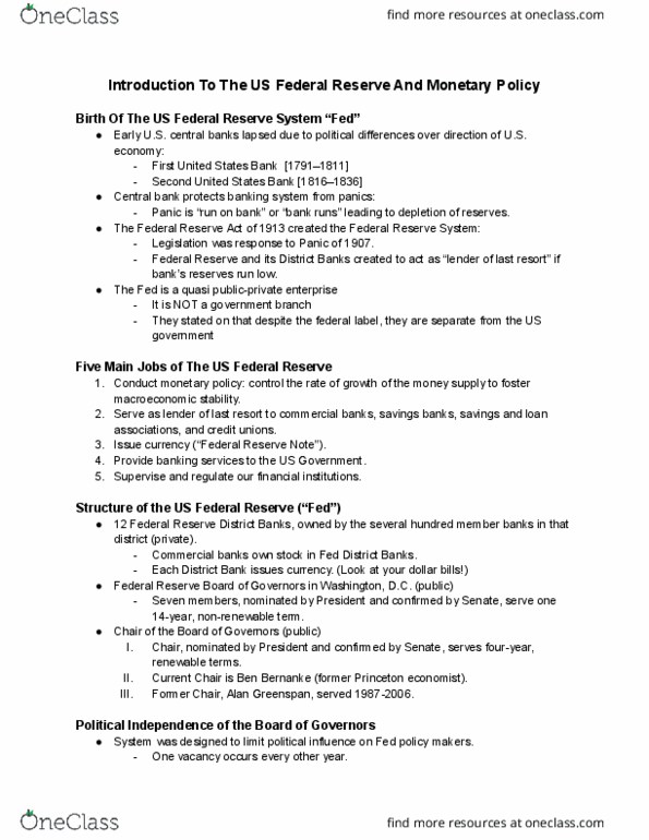 BUS 1301 Lecture Notes - Federal Reserve Note, Federal Reserve System, Federal Reserve Act thumbnail