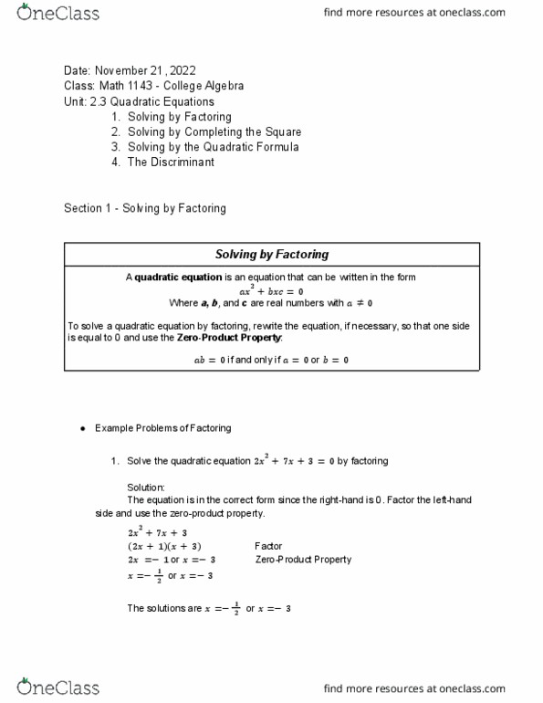 MATH 1143 Lecture Notes - Quadratic Equation, Quadratic Formula, Discriminant thumbnail