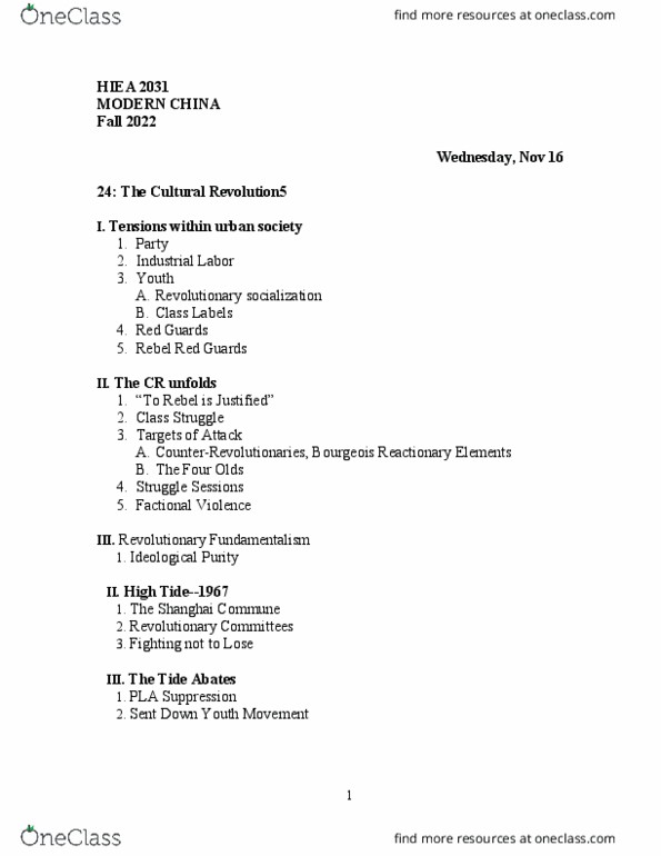 HIEA 2031 Lecture Notes - Shanghai People'S Commune, Struggle Session, Four Olds thumbnail