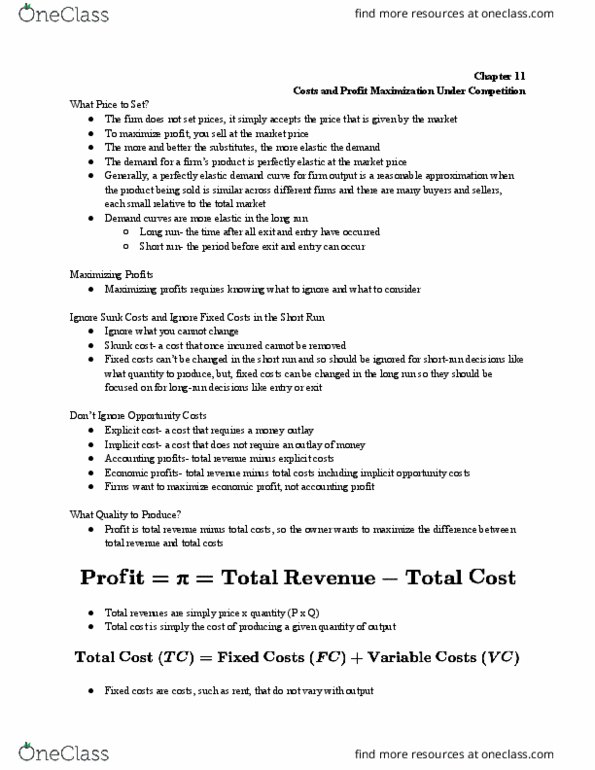 ECON-2110 Chapter Notes -Profit Maximization, Demand Curve, Fixed Cost thumbnail
