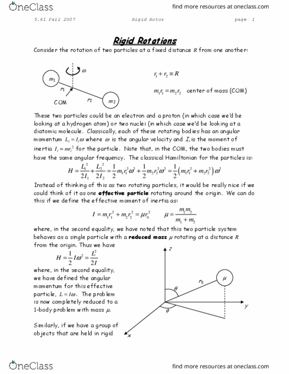 CHEM 35 Lecture Notes - Lecture 3: Reduced Mass, Diatomic Molecule, Particle System thumbnail