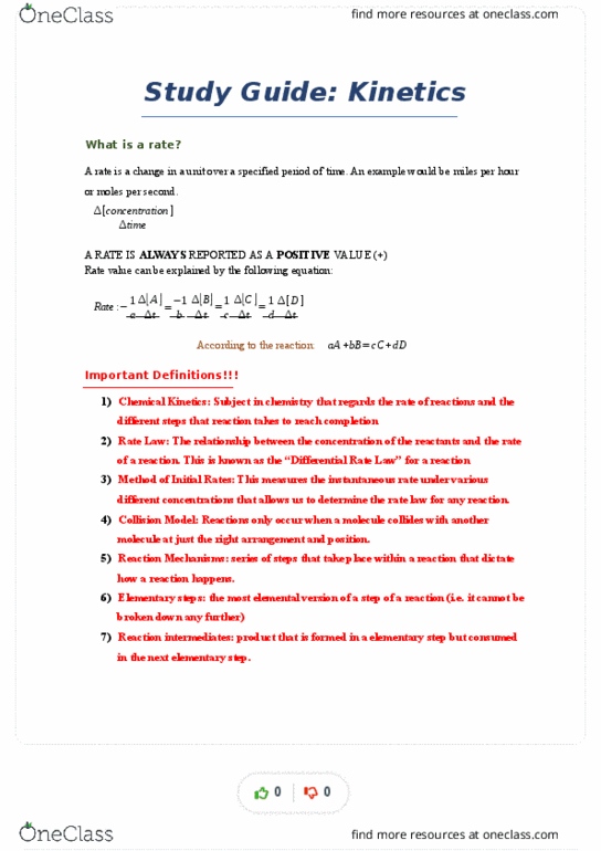 CHEM 105bL Lecture Notes - Reaction Step, Rate Equation, Chemical Kinetics thumbnail
