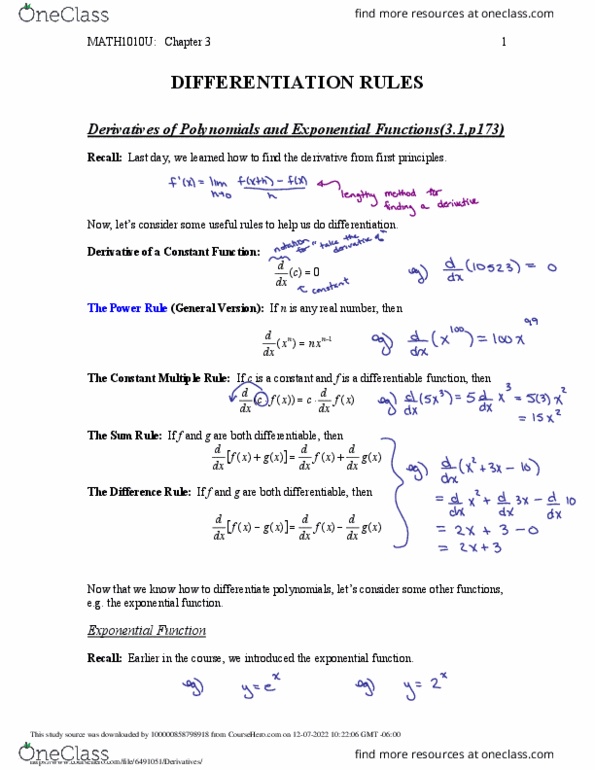 BSCE11 Lecture Notes - Differentiable Function, Power Rule, Quotient Rule thumbnail