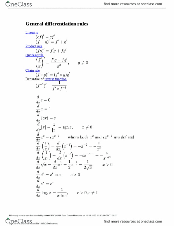 BSCE11 Lecture Notes - Differentiation Rules, Quotient Rule, Inverse Function thumbnail