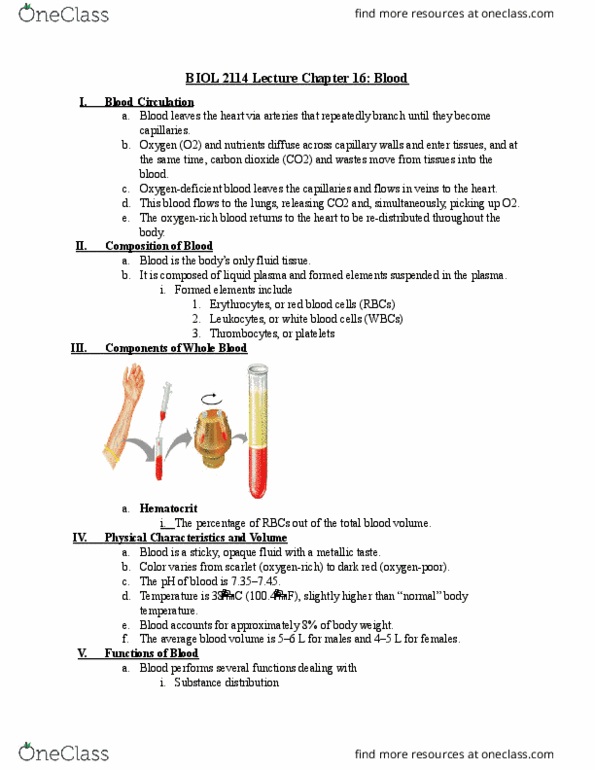BIOL 2114 Lecture Notes - Whole Blood, Hematocrit, Blood Cell thumbnail