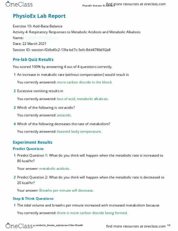 BIOL 2114L Lecture 10: Respiratory Responses to Metabolic Acidosis and Metabolic Alkalosis BIOL 2114 Lab - PhysioEx Exercise 10 Activity 4 thumbnail