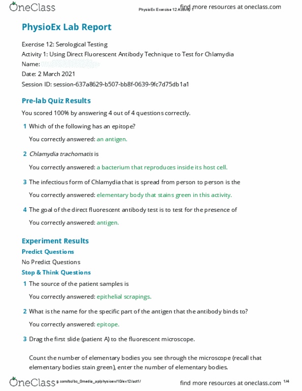 BIOL 2114L Lecture 12: Using Direct Flourescent Antibody Techniques to Test for Chlamydia BIOL 2114 Lab - PhysioEx Exercise 12 Activity 1 thumbnail