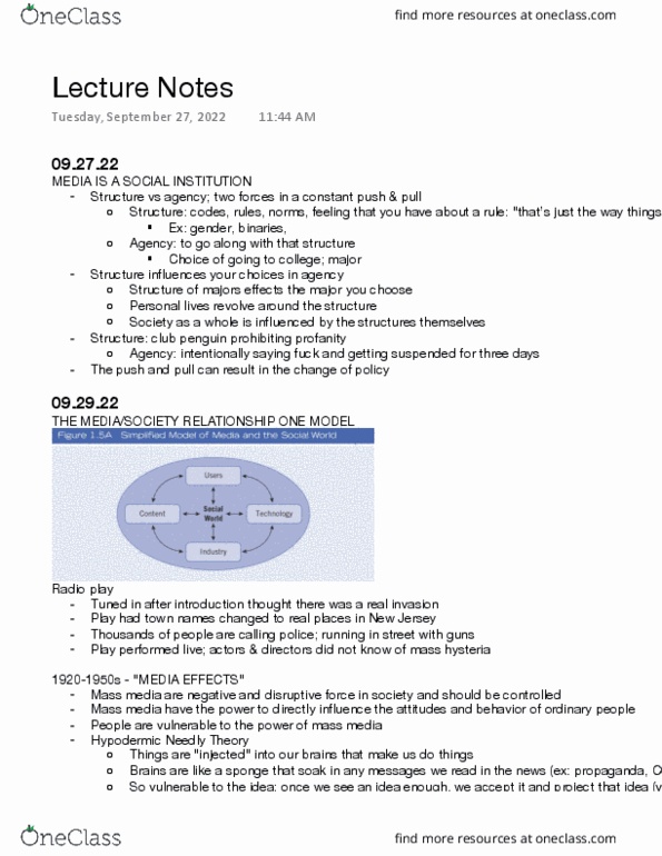 J 201 Lecture Notes - Lecture 1: Mass Hysteria, Mass Media, Gfk Entertainment Charts thumbnail