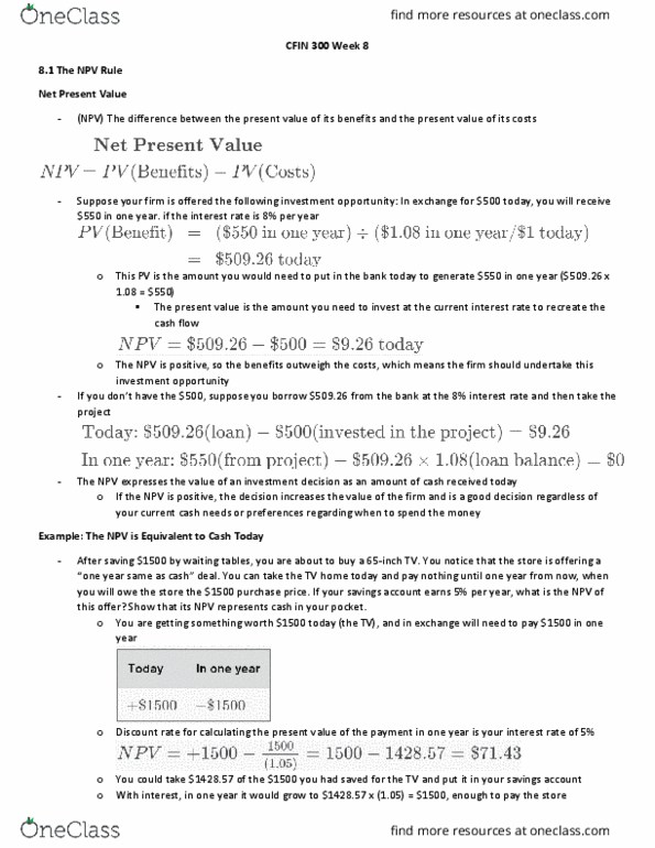 FIN 300 Chapter Notes -Net Present Value, Savings Account, Cash Flow thumbnail