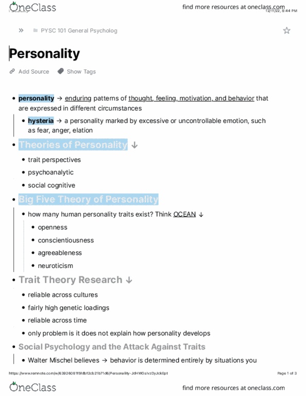 PSYC 101 Lecture Notes - Social Cognitive Theory, Trait Theory, Agreeableness thumbnail