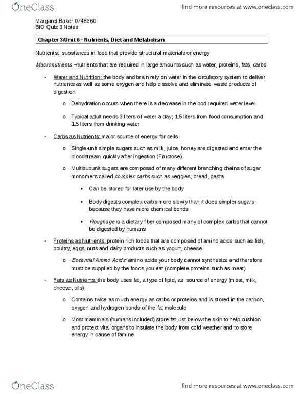 BIOL 1500 Chapter Notes - Chapter 3,4,8 & 10: Body Mass Index, Basal Metabolic Rate, Cellular Respiration thumbnail